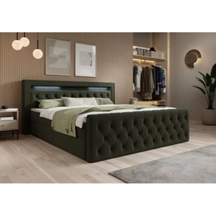 thematys Boxbett LED mit Bettkasten 160x200cm, mit Bonnellfederkernmatratze H3, Bouclé/Velours, mit Stauraum, mit 3 cm Topper, Olive (Quelle 37), Art.-Nr. S04JN0YROAB – Bild 7