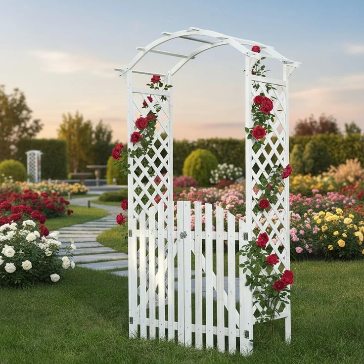 Rosenbogen Weiß mit Türen Spalier Rankhilfegitter Holz Pergola Garten Torbogen – Bild 10