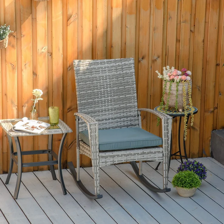MELAYR, Schaukelstuhl Schwingsessel Gartenstuhl mit Kissen, Polyrattan+Metall, Grau, 66 x 88 x 98 cm – Bild 4