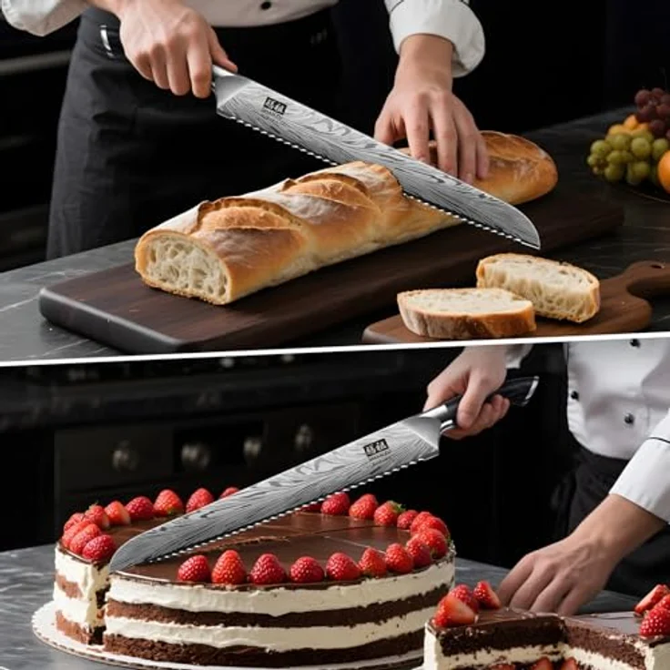 SHAN ZU Brotmesser aus Pulverstahl, 25 cm Japanisches Küchenmesser mit Wellenschliff Kohlenstoffreiches 63 HRC-Brotschneidemesser 12°-Scharfes Längerer Klinge für Brot und Kuchen – Bild 8