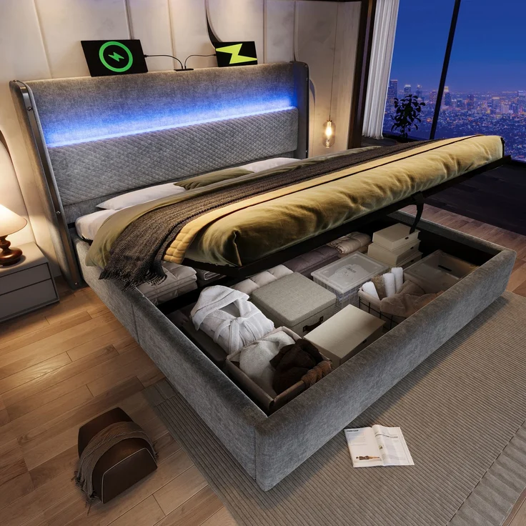 Merax Polsterbett, 180x200cm Doppelbett , Modernes Hydraulisches Bett mit Hohem Kopfteil, mit LED-Beleuchtung, Stauraum & USB/Type-C-Anschlüssen, in Leinen Optik Grau – Bild 1