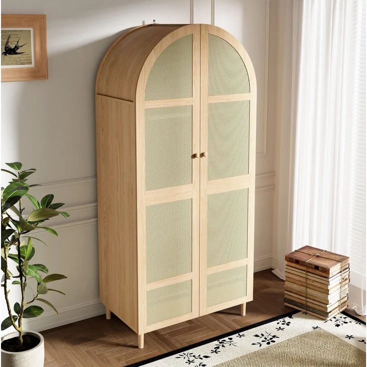 DESVIAE Garderobenschrank mit Rattantüren und Schubladen 80x179x50 cm MDF/Spanplatte Natur – Bild 2
