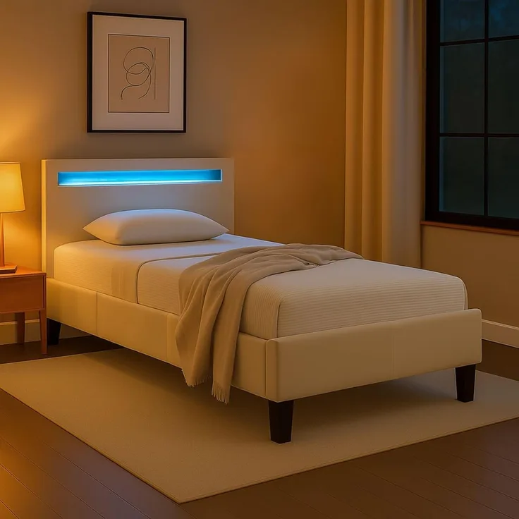 IDIMEX Polsterbett BAGO, Jugendbett mit LED Beleuchtung & Lattenrost Samtbezug cremeweiß