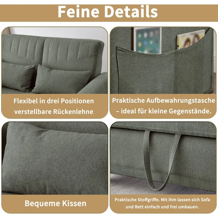 ZUBALIYA Sofa 166x95 cm, mit Ausziehbett, mit breiten Armlehnen, mit Schaumstoffpolsterung, ohne aufwendige Montage, Natur – Bild 10