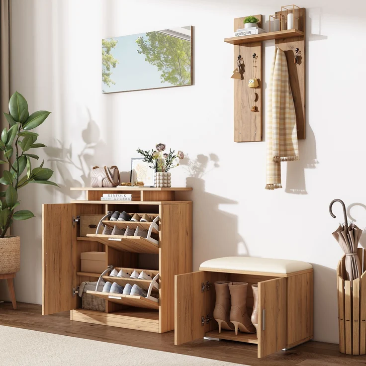 Flur-Garderoben-Set, Wandgarderobe; Garderoben-Set mit Schuhbank und Schuhschrank, 1 Spiegel, 4 Haken, 5 Türen, natural, B140× T35 × H133 cm--Natürlich--140x35x133cm--YOUDENOVA – Bild 10