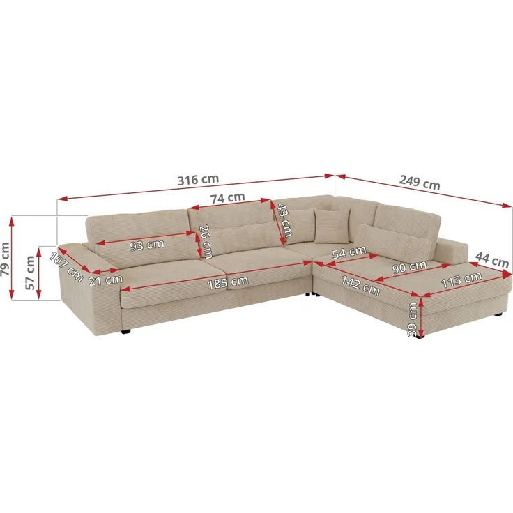 Freistehendes Ecksofa mit lose Kissen, L-form - SAVONA - links - Beige Cord – Bild 7