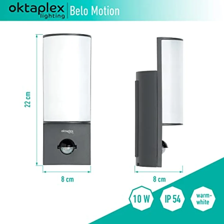 Oktaplex lighting LED Außenleuchte Belo 10W, Alu Wandlampe mit Bewegungsmelder, IP54 wetterfest, 3000K warmweiß, 800 Lumen – Bild 4