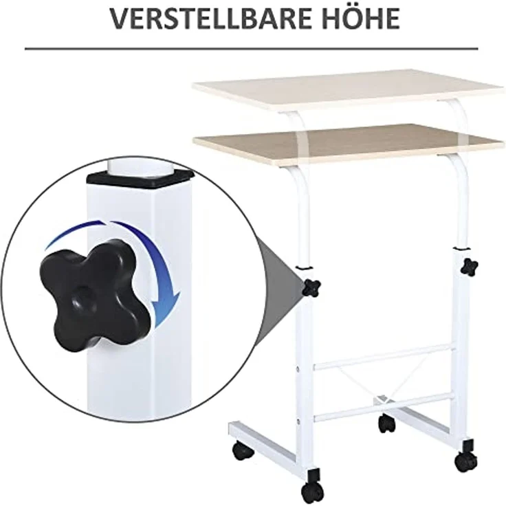 HOMCOM Beistelltisch höhenverstellbarer Couchtisch mit Rädern Feststellbremsen (C-Tische, 1-St, mobiler Endschreibtisch), Spanplatte Stahl Eisen Kunststoff, Weiße Ahornfarbe 60 x 40 x 68-78 – Bild 5