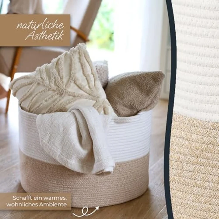 HMF Aufbewahrungskorb XXL Wäschekorb aus Baumwolle, runder Aufbewahrungskorb mit Griffen, 55 x 35 cm, Weiß-Braun – Bild 4