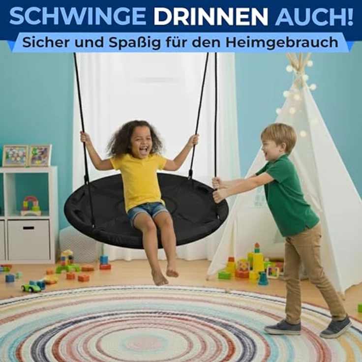 SereneLife Nestschaukel Schwarz 100 cm – Runde Hängeschaukel für Kinder & Erwachsene mit gepolstertem Rahmen & wetterfestem Stoff Für Garten & Zimmer, 270 kg tragbar, Spielspaß & Entspannung – Bild 9