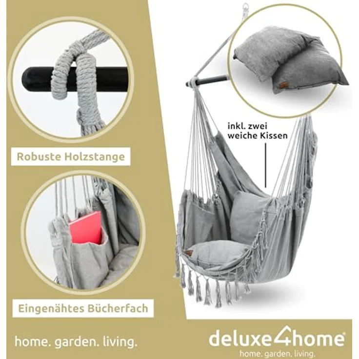 deluxe4home Hängesessel mit 2 Kissen, Bücherfach, Kuscheldecke 160x100 cm, Hellgrau/Anthrazit – Bild 3