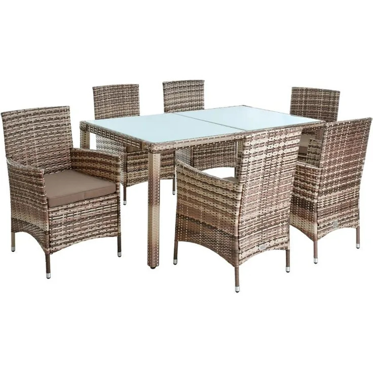 Polyrattan Sitzgruppe Essgruppe Gartenmöbel Set 6 Pers. Gartenset Beige-Braun
