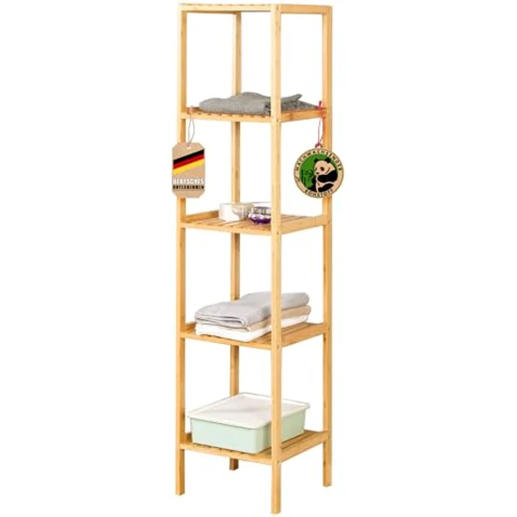 Floordirekt Bambus Regal, schmales Standregal für Badezimmer, Schlafzimmer, Wohnzimmer, Holzregal mit 3/5 Etagen, Regal Größe 34 x 33 x 146 cm (Lowa) (5 Etagen) – Bild 2