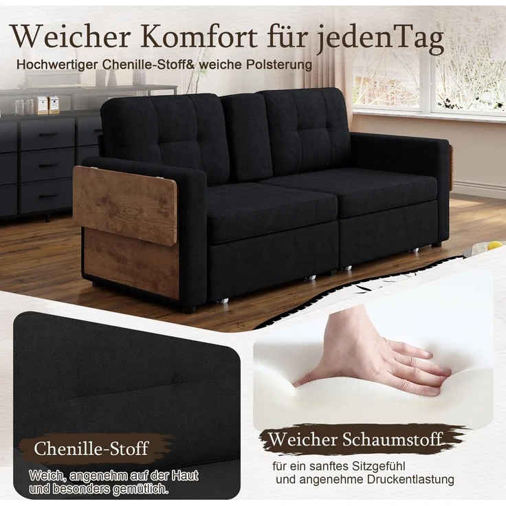 ZUBALIYA Schlafsofa 71x57.5 cm, mit Schreibtisch, mit Schubladen, mit Stauraum, mit Ablageflächen, mit Ausziehbett, Schwarz – Bild 5
