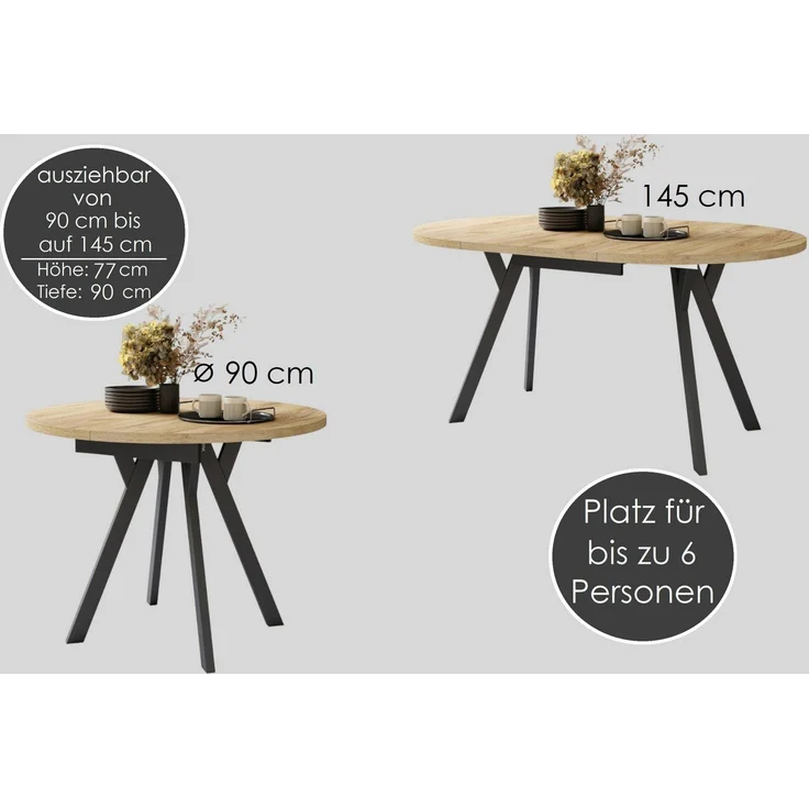 designimpex Esstisch Design Esstisch Aldo ausziehbar 90 cm bis 145 cm rund Esszimmer Tisch, Esstisch, Esszimmertisch, Tisch, Ausziehtisch, Küchentisch, Esszimmer – Bild 2