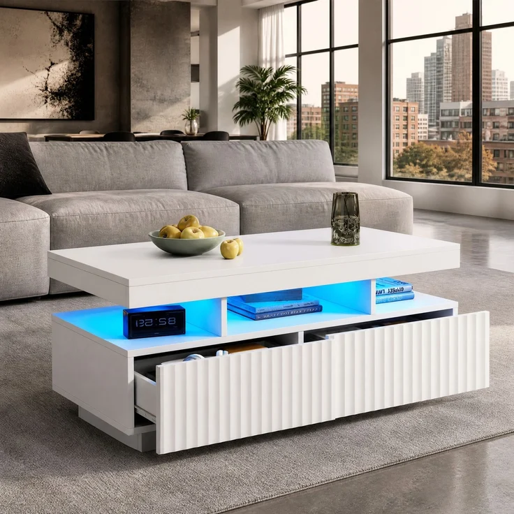 DESVIAE Couchtisch mit 2 Schubladen und LED-Beleuchtung 100x45x50 cm Spanplatte Weiß – Bild 2