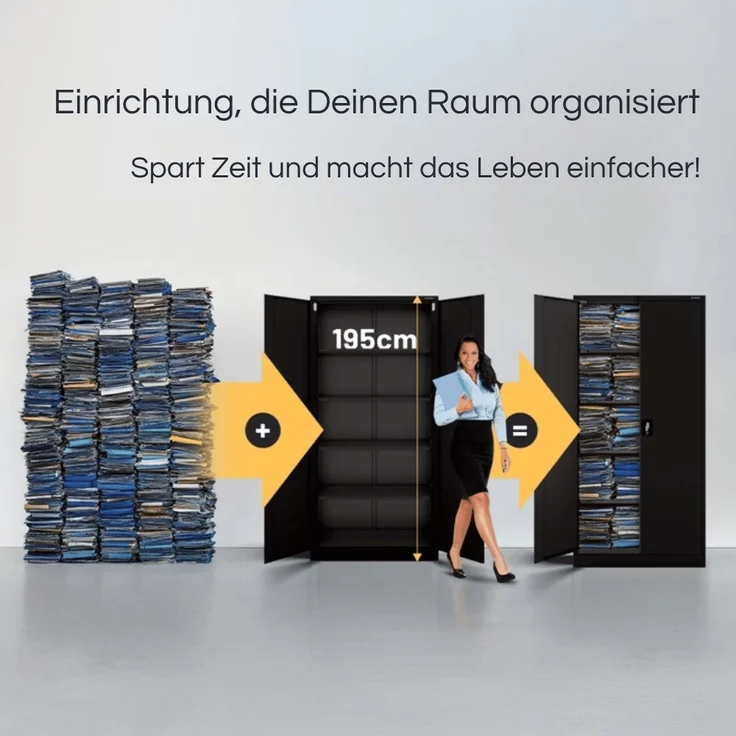 Aktenschrank abschließbar KADO - 5 Ebenen verstellbar, Flügeltüren | Metallschrank Werkstatt Mehrzweckschrank Büroschrank aus Stahl Werkzeugschrank, 195x90x40cm Schwarz – Bild 3