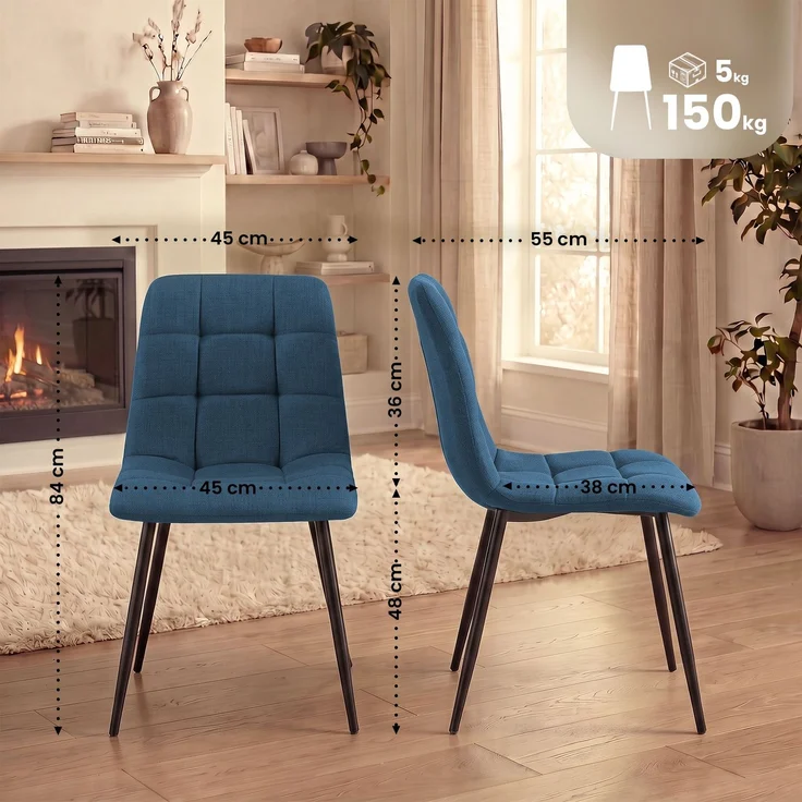 CLP 4er Set Esszimmerstuhl Tilde gepolstert mit Rückenlehne bis 150 kg belastbar - Farbe:blau;Material:Stoff – Bild 1