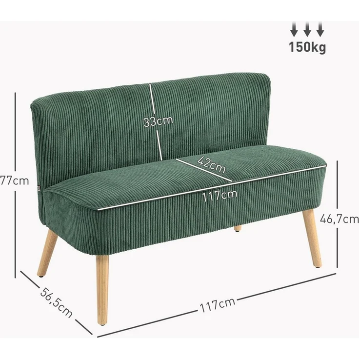 HOMCOM Polstersofa 2-Sitzer, mit Holzbeinen und Cord-Optik, Grün, 117 x 56,5 x 77 cm – Bild 4