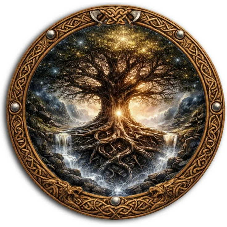 DARO Design Wandbild Wikinger Wandbilder Rund Wand Deko Bilder Mythologie, (Yggdrasil - Bild klein Wohnzimmer Flur Arbeitszimmer Schlafzimmer Diele Einteilig Rund Fotodruck Nordische Mythologie), 20x20 cm – Bild 1