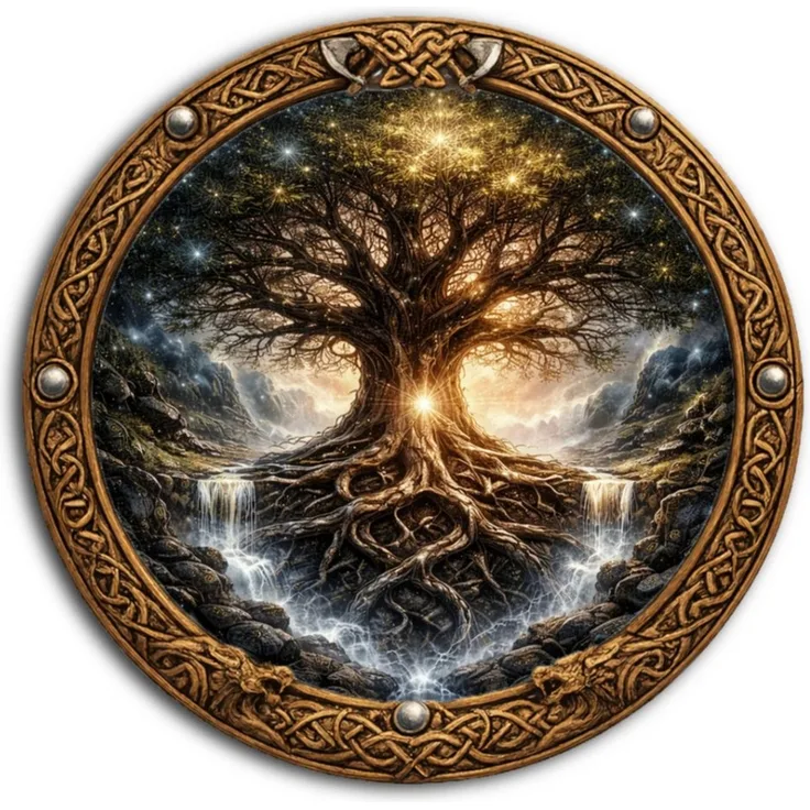 DARO Design Wandbild Wikinger Wandbilder Rund Wand Deko Bilder Mythologie, (Yggdrasil - Bild klein Wohnzimmer Flur Arbeitszimmer Schlafzimmer Diele Einteilig Rund Fotodruck Nordische Mythologie), 20x20 cm