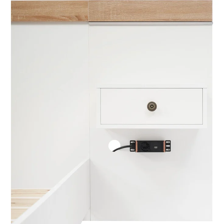 Merax Bettanlage Holzbett 140x200 Doppelbett mit 2 LED Nachtkommoden & 1 USB & 1 Type C & 1 Steckdose & Lattenrost Beige & Weiß – Bild 9