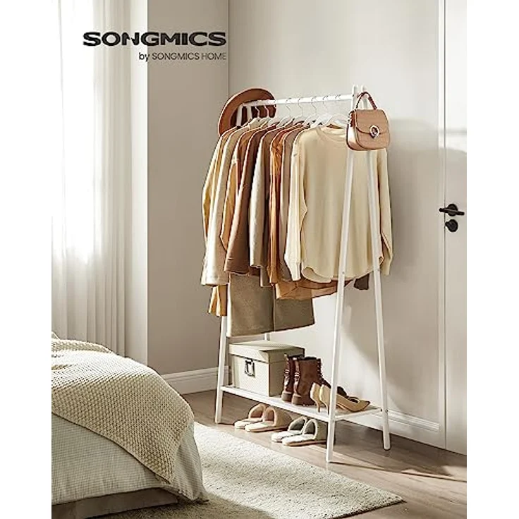 SONGMICS Kleiderständer, Garderobe, Garderobenständer, Kleiderablage, Stahlrahmen, mit Stange und Regal, 33,5 x 92,5 x 153 cm, für Schlafzimmer, Garderobe, Waschküche, Weiß HSR023W01 – Bild 3