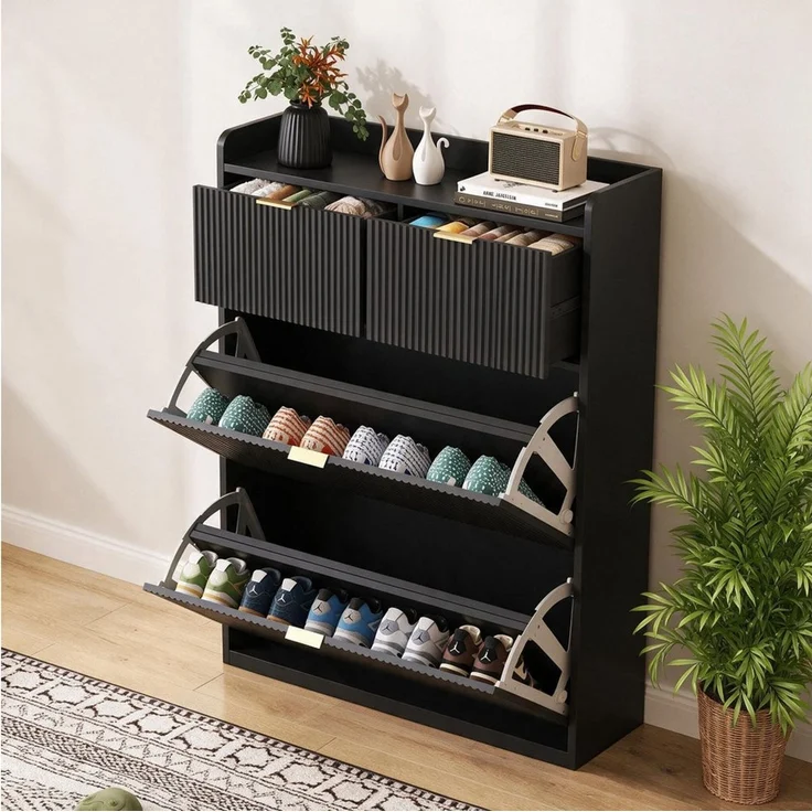 Simurq Schuhschrank Schuhkipper mit Klappen,Schwarz,80x24x110cm (1-St, für Flur Wohnzimmer 80x24x110cm) Schuhkommode aus MDF mit Schublade – Bild 1
