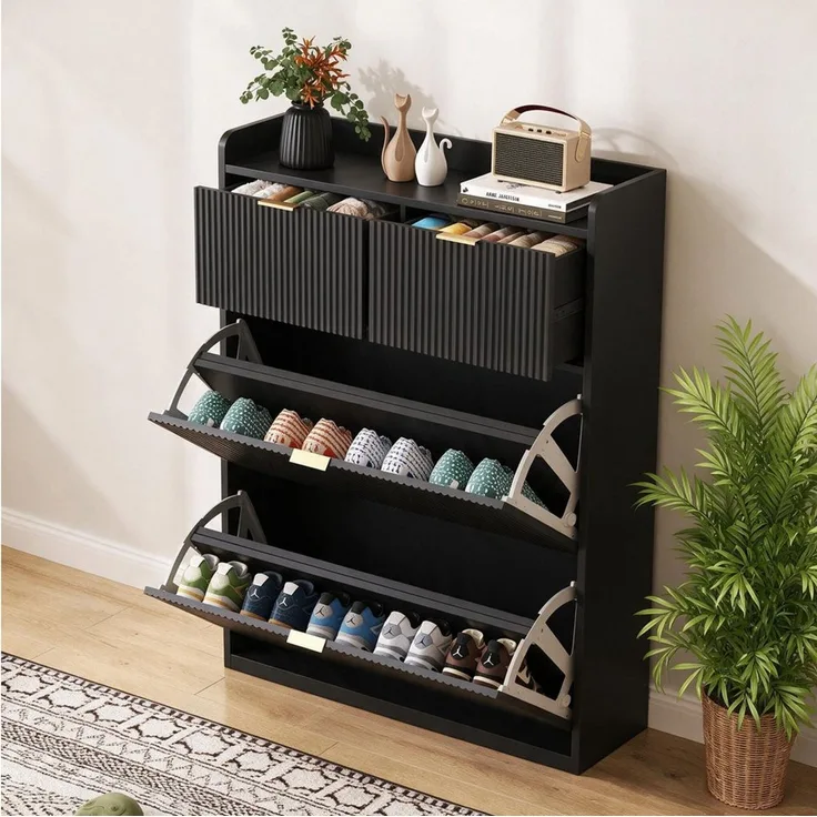 Simurq Schuhschrank Schuhkipper mit Klappen,Schwarz,80x24x110cm (1-St, für Flur Wohnzimmer 80x24x110cm) Schuhkommode aus MDF mit Schublade