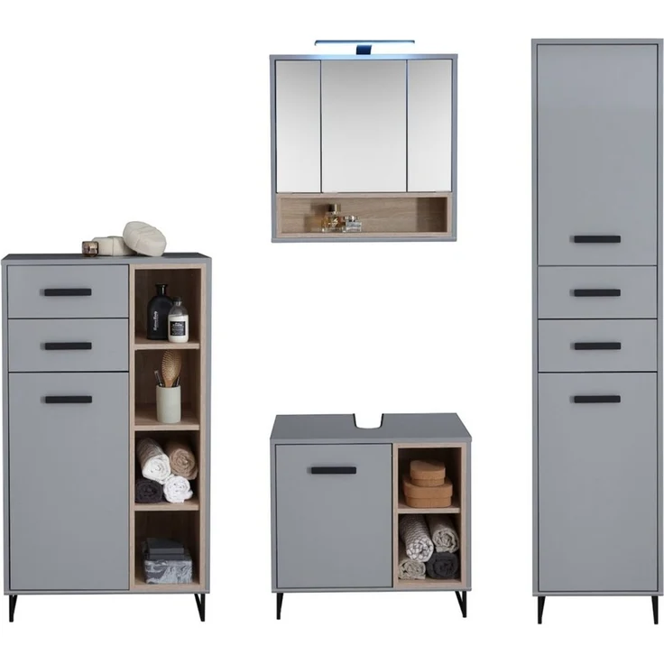 moebel-dich-auf Badmöbel-Set TOURS, (Set 1, Hochschrank, Spiegelschrank, Waschbeckenunterschrank, Highboard) – Bild 2