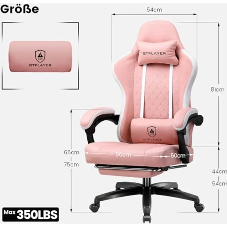 GTPLAYER Gaming Stuhl Stoff, Gaming Sessel mit Taschenfederkissen, ergonomischer Drehstuhl, Gamer Stuhl mit Fußstütze150 kg Belastbarkeit, Rosa – Bild 3