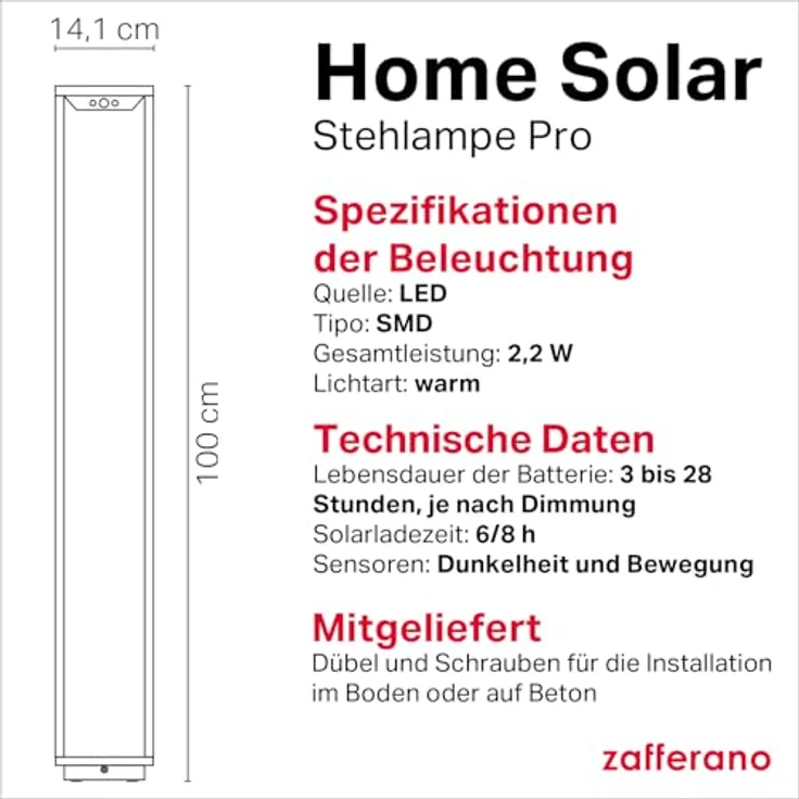 Zafferano, Home Solar Lampe, Kabellose Stehleuchte mit Solarpanel und Bewegungssensor, für den Außenbereich Geeignet, Dimmer, 3000 K, Höhe 100 cm, Farbe Dunkelgrau – Bild 4