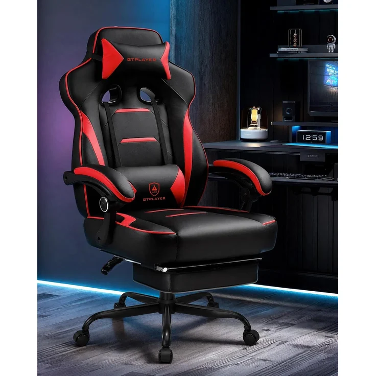 GTPLAYER Gaming Stuhl mit Fußstütze, Ergonomischer Bürostuhl 180kg, Schwerlast Gaming Sessel mit Lendenwirbelstütze und Kopfstütze, Höhenverstellbarer Computerstuhl, Gepolstert, neigbare 155°, ROT – Bild 11