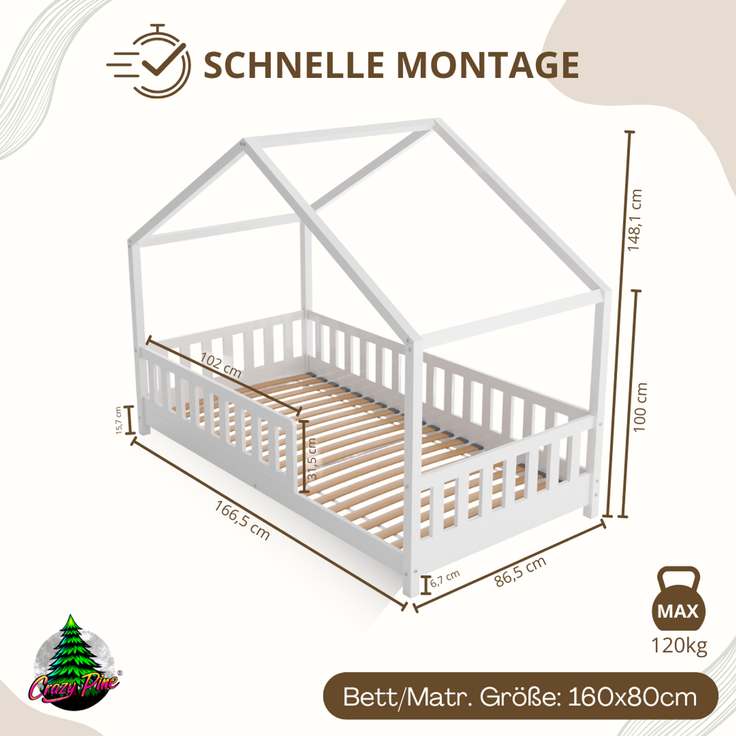 Crazy Pine 'Crazy House' Hausbett mit abnehmbaren Rausfallschutz, Naturholz, Weiß, 80x160 cm, mit Höhenverstellbaren Beinen – Bild 2