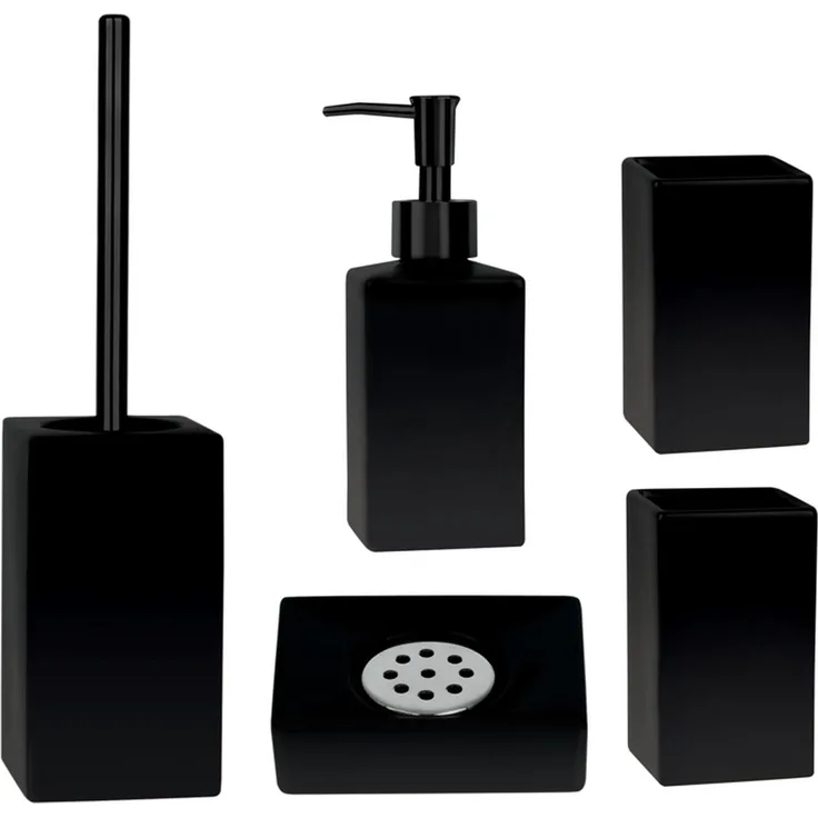 spirella Badaccessoires-Sets QUADRO-MATT, Zubehör-Set aus hochwertiger Keramik, schwarz, elegante Matt-Optik, 5 tlg, bestehend aus: WC-Bürste, Seifenspender, 2x Zahnputzbecher, Seifenschale, Keramik, elegantes matt-Finish
