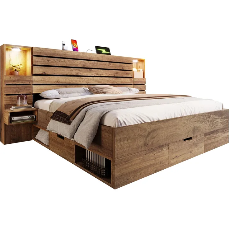 Holzbett Doppelbett 160×200cm Eichenoptik mit LED-Downlights, integrierter USB & Type-C Ladestation, beleuchtete Nische, schwebende Nachttische, Unterbett-Schubladen Stauraum, stabiler Metallrahmen ohne Matratze