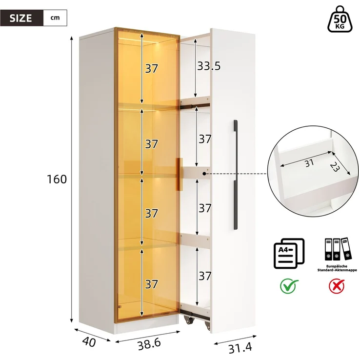 ZUBALIYA LED-Glasvitrine, integrierte LED-Beleuchtung, Türen aus gehärtetem Glas, mit Schubladen, H 160 × B 70 × T 40 cm, Weiß, viel Stauraum, für Wohn- und Essbereich – Bild 5