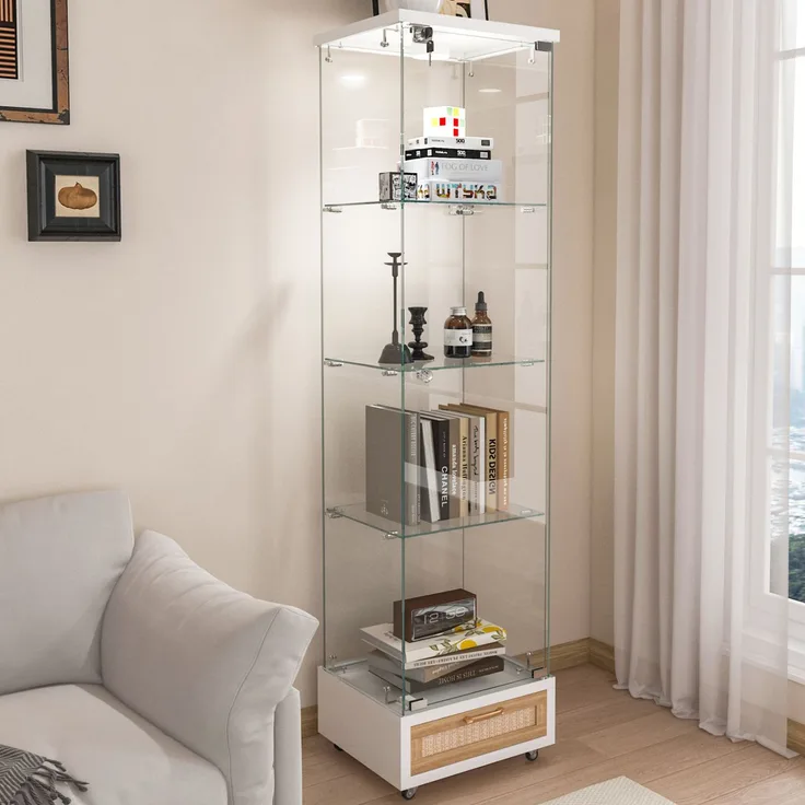 Glasvitrine 42,5x36,5x167 cm in Weiß mit Schubladen und LED-Beleuchtung