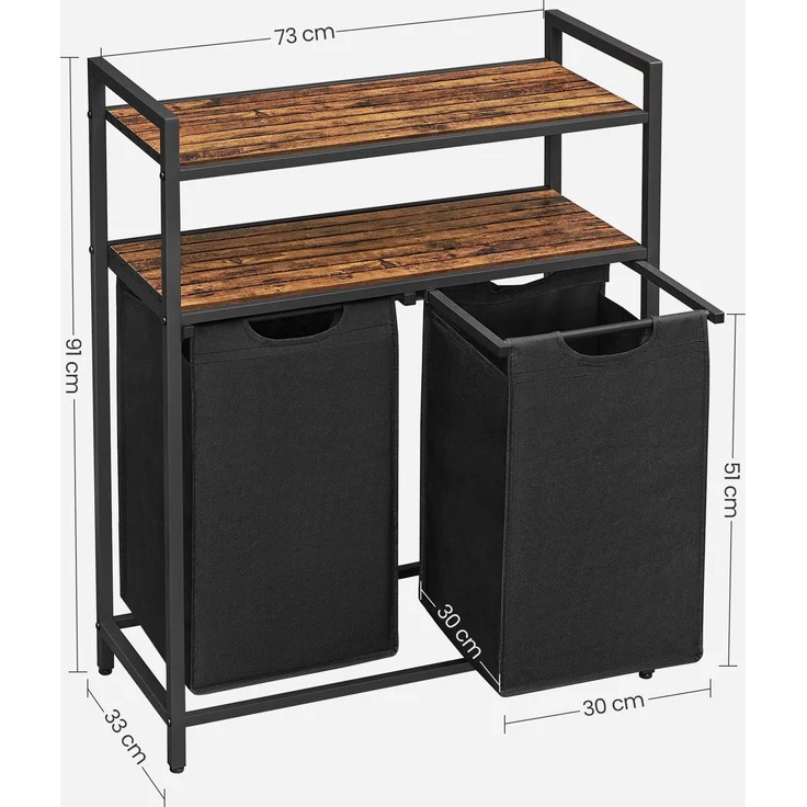 Vasagle Wäschekorb mit 2 Fächer, Metallgestell Vintagebraun/Schwarz, 2x46 L / 73 x 33 x 91 cm – Bild 5