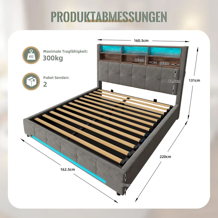 TavilaEcon Polsterbett mit Bettkasten und USB-C-Anschluss grau Liegefläche 160 × 200 cm – Bild 2
