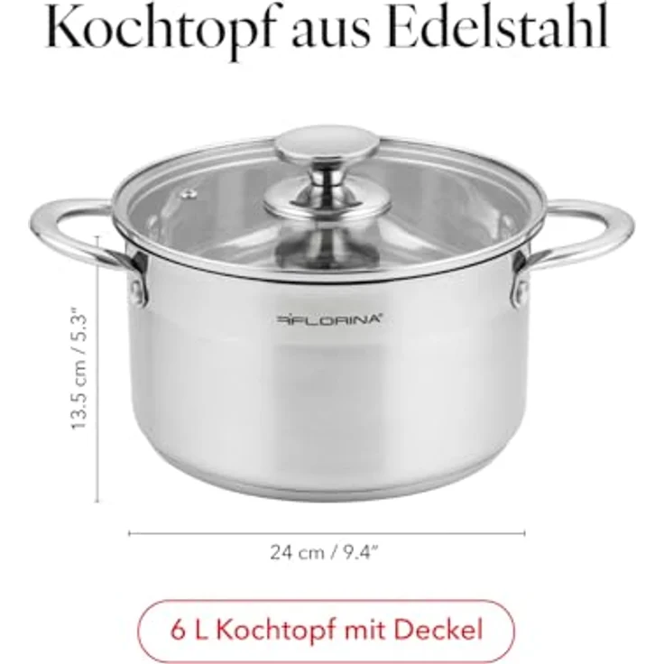 FLORINA Edelstahl Topf 6 l 24 cm Durchmesser I Energiesparender Kochtopf FALCON I Topf mit Glasdeckel und Messskala I 3-lagiger Boden gleichmäßige Wärmeverteilung I Ideal für alle Herdarten – Bild 4