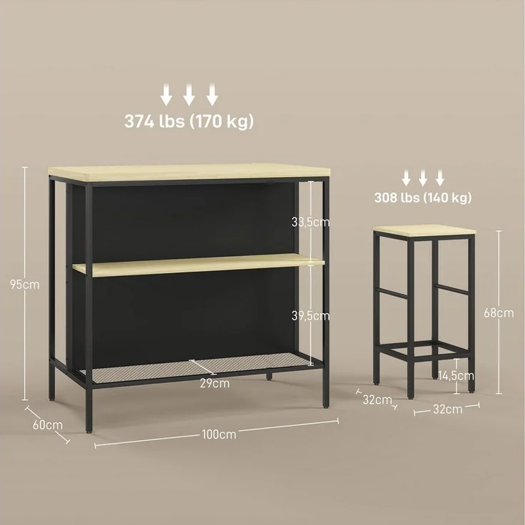 HOMCOM Bargruppe Küchentisch mit 2 Barhocker, Essgruppe im Modern-Stil, (Küchentisch, 3-tlg, Bartisch), für Essenzimmer, Schwarz – Bild 2