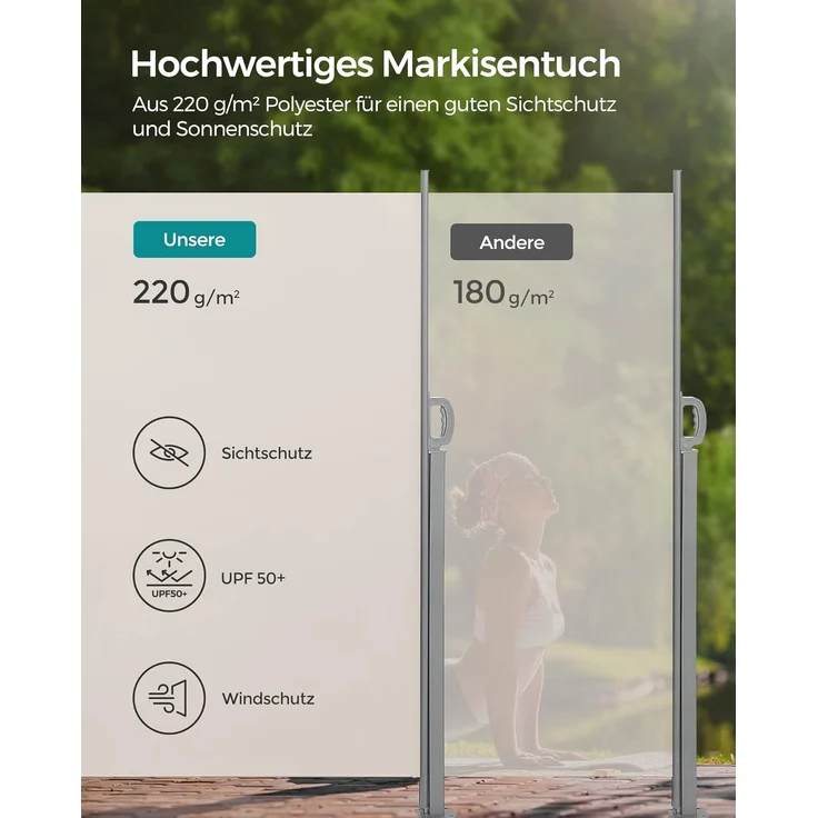 Songmics Seitenmarkise mit Stahl-Kasten, rostbeständig, ausziehbar, 200x350 cm, Sichtschutz, Sonnenschutz, Blickdicht, Seitenrollo, für Balkon, Terrasse, Garten, beige GSA205E02 – Bild 4