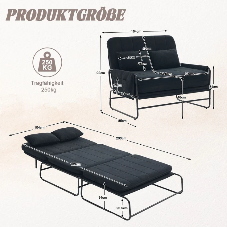 Schlafsofa aus Chenille mit Seitentaschen, 104x85x92 cm, Schwarz – Bild 3