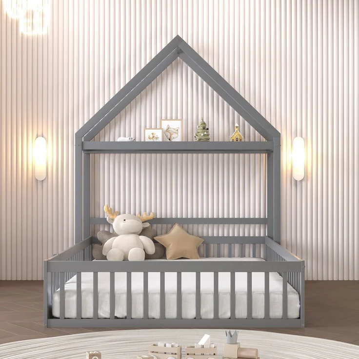 Kinderbett 140 x 200, Kinderbettgestell aus Massivholz mit Stauraum, Vollschutzgitter und Türen und Lattenrost, Grau – Bild 4