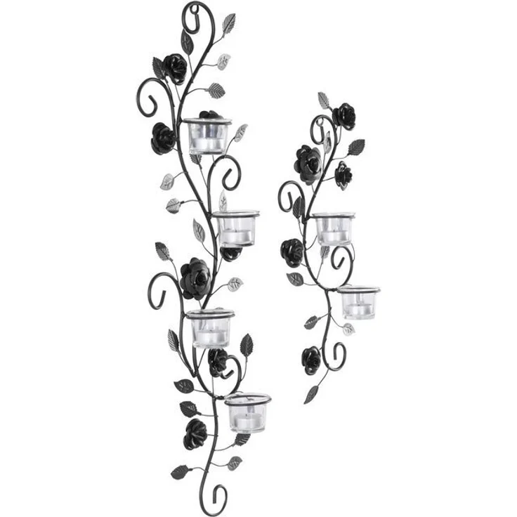 Home affaire Wandkerzenhalter Blumenranke, schwarz (2er-Set), Landhaus, Metall, Glas, schwarz antik – Bild 4