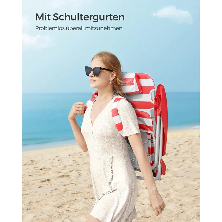 SONGMICS Strandstuhl, faltbar mit Schultergurt, verstellbarer Rückenlehne & Kopfstütze, Rot / Weiß – Bild 4