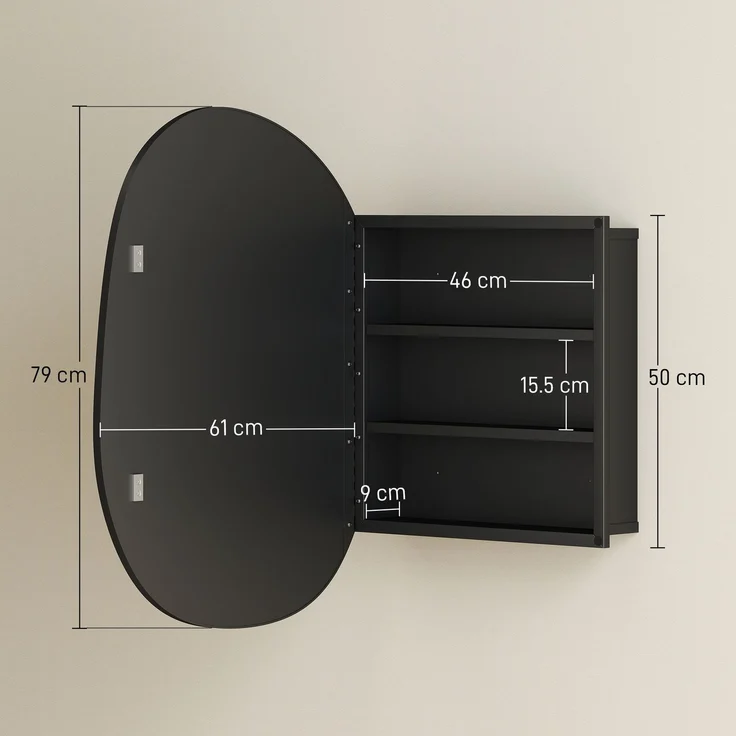 Badezimmerspiegel mit Stauraum und 3 Einlegeböden, aus Aluminium und Metall, 61 x 12 x 79 cm, schwarz – Bild 5