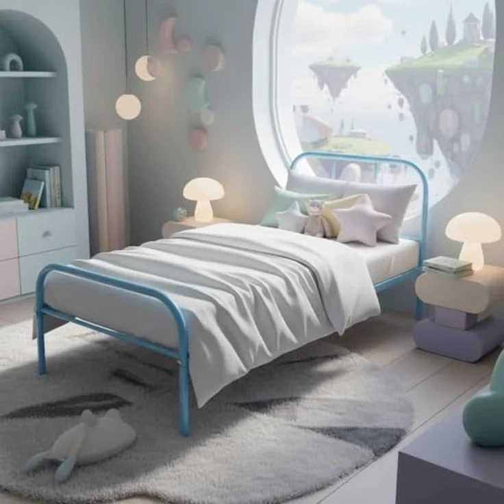 FurnitureR Bettgestell für Einzelbett, aus Metall, Farbiger Bettrahmen mit Lattenrost und Kopfteil, Bett für Schlafzimmer, Junior, geeignet für 190x90 cm, Matratze, blau – Bild 3