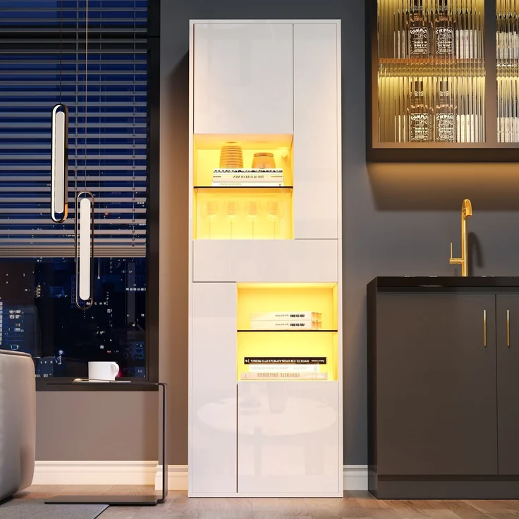 Merax 170cm Verkaufsvitrine, Hochschrank mit 1 Schublade und 4 Schränken, Glasvitrine Vitrinenschränke mit led beleuchtung, Vitrinen Mit Hochglanz-Design, Weiß – Bild 2